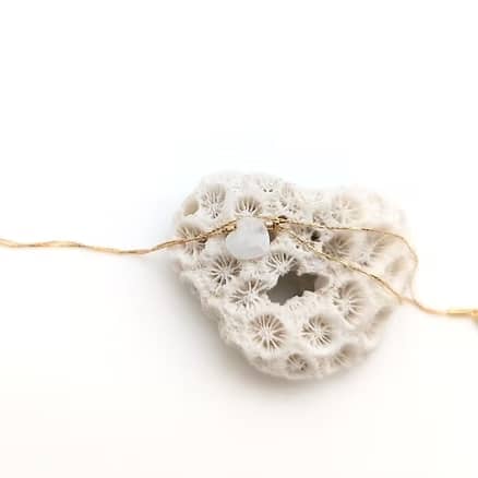 Délicat collier chaîne fine dorée avec un pendentif cœur en pierre naturelle laiteuse, reposant sur une roche de corail blanc.